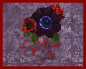 Image shows Goddess Sofia's Signature surrounded by roses and violets on a purple background. From Goddess Sofia Locktight at WorshipSofia.com