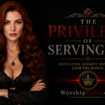 Goddess Sofia standing on the left in a luxurious black setting beside the words “The Privilege of Serving Me,” representing online slave opportunities, submissive service, devotion, and the path toward serving Goddess Sofia.