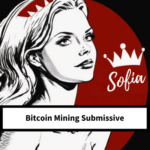 Bitcoin Mining Submissive by WorshipSofia.com with Mistress Sofia Locktight wearing a crown with a grey logo shaped like a shield with a crown and a banner of text below.