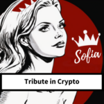 Tribute in Crypto by WorshipSofia.com with Mistress Sofia Locktight wearing a crown with a grey logo shaped like a shield with a crown and a banner of text below.