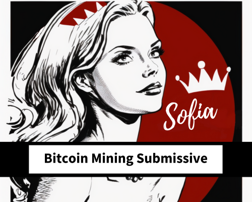 The image text says Goddess Sofia Locktight Femdom Bitcoin Mining Submissive. With a Picture of the beautiful FemDom Goddess in a Crown. From WorshipSofia.com