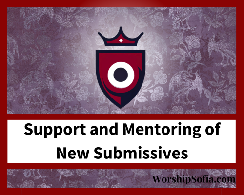 Support and Mentoring of New Submissives by WorshipSofia.com with Mistress Sofia Locktight. A blood red logo shaped like a shield with a crown and a banner of text below.