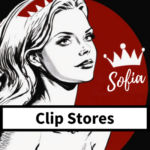 Clip Stores by WorshipSofia.com with Mistress Sofia Locktight wearing a crown with a grey logo shaped like a shield with a crown and a banner of text below.