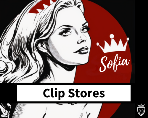 Clip Stores by WorshipSofia.com with Mistress Sofia Locktight wearing a crown with a grey logo shaped like a shield with a crown and a banner of text below.