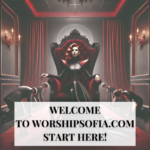 An image of Goddess Sofia Locktight on Her Throne as male and female submissives kneel before Her. The text says "Welcome to WorshipSofia.com Start Here!