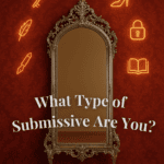 A richly detailed, ornate full-length silver mirror stands against a deep blood-red Baroque wallpaper. Seven softly glowing golden icons—collar, key, feather, high heel, padlock, pen, and book—arch above and around the mirror like a constellation. Overlaid in soft, serif white text across the lower half of the mirror are the words: "What Type of Submissive Are You?" The scene evokes elegance, mystery, and introspection, designed as a symbolic entry point to a personality quiz. WorshipSofia.com