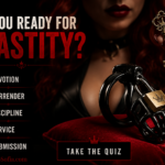 WorshipSofia.com graphic for a chastity readiness quiz featuring the headline "Are You Ready for Chastity?" in large white and red lettering. The left side lists five key themes with matching icons: Devotion, Surrender, Discipline, Service, and Submission. The right side shows a woman holding an ornate gold key above a black chastity cage secured with a gold padlock resting on a rich red velvet cushion. A prominent "Take the Quiz" call-to-action appears at the bottom. The design uses a dramatic black and deep red color palette to convey authority, commitment, and structured submission.