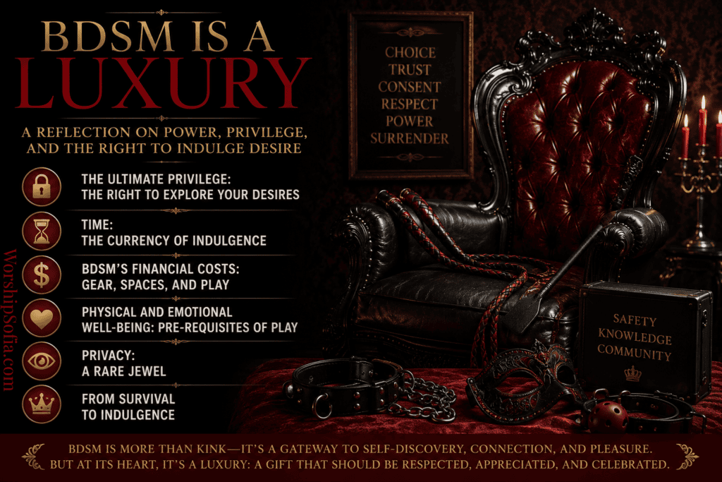 WorshipSofia.com illustration titled "BDSM Is a Luxury: A Reflection on Power, Privilege, and the Right to Indulge Desire." The left side features a black background with elegant gold and deep red typography highlighting six themes: The Ultimate Privilege: The Right to Explore Your Desires; Time: The Currency of Indulgence; BDSM's Financial Costs: Gear, Spaces, and Play; Physical and Emotional Well-Being: Pre-Requisites of Play; Privacy: A Rare Jewel; and From Survival to Indulgence. The right side depicts an opulent BDSM setting with a red leather throne, leather floggers, a paddle, restraints, chains, a collar, a decorative mask, candles, and framed words emphasizing Choice, Trust, Consent, Respect, Power, and Surrender. The overall design uses a luxurious palette of black, deep red, and gold to convey exclusivity, privilege, and refined power dynamics.