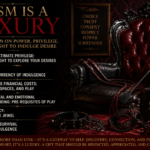 WorshipSofia.com illustration titled "BDSM Is a Luxury: A Reflection on Power, Privilege, and the Right to Indulge Desire." The left side features a black background with elegant gold and deep red typography highlighting six themes: The Ultimate Privilege: The Right to Explore Your Desires; Time: The Currency of Indulgence; BDSM's Financial Costs: Gear, Spaces, and Play; Physical and Emotional Well-Being: Pre-Requisites of Play; Privacy: A Rare Jewel; and From Survival to Indulgence. The right side depicts an opulent BDSM setting with a red leather throne, leather floggers, a paddle, restraints, chains, a collar, a decorative mask, candles, and framed words emphasizing Choice, Trust, Consent, Respect, Power, and Surrender. The overall design uses a luxurious palette of black, deep red, and gold to convey exclusivity, privilege, and refined power dynamics.
