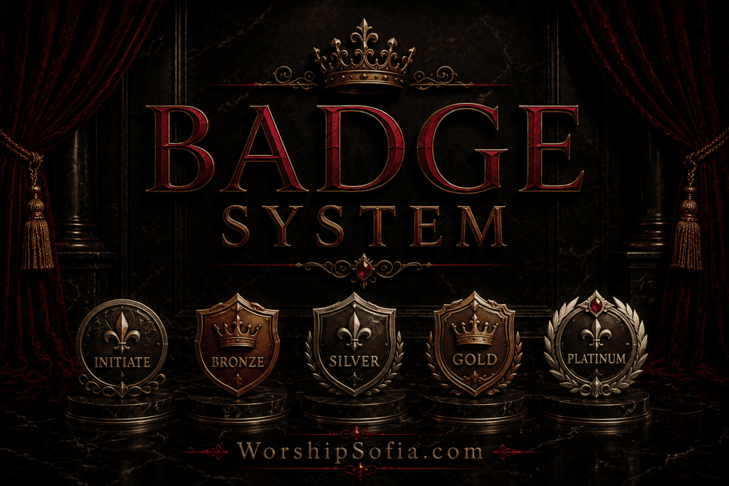 Badge System page banner featuring a luxurious gothic design with black marble, crimson velvet drapes, ornate gold accents, and five achievement emblems representing Initiate, Bronze, Silver, Gold, and Platinum beneath the title "Badge System." The WorshipSofia.com logo appears at the bottom, symbolizing progression, accomplishment, and dedication through earned ranks.