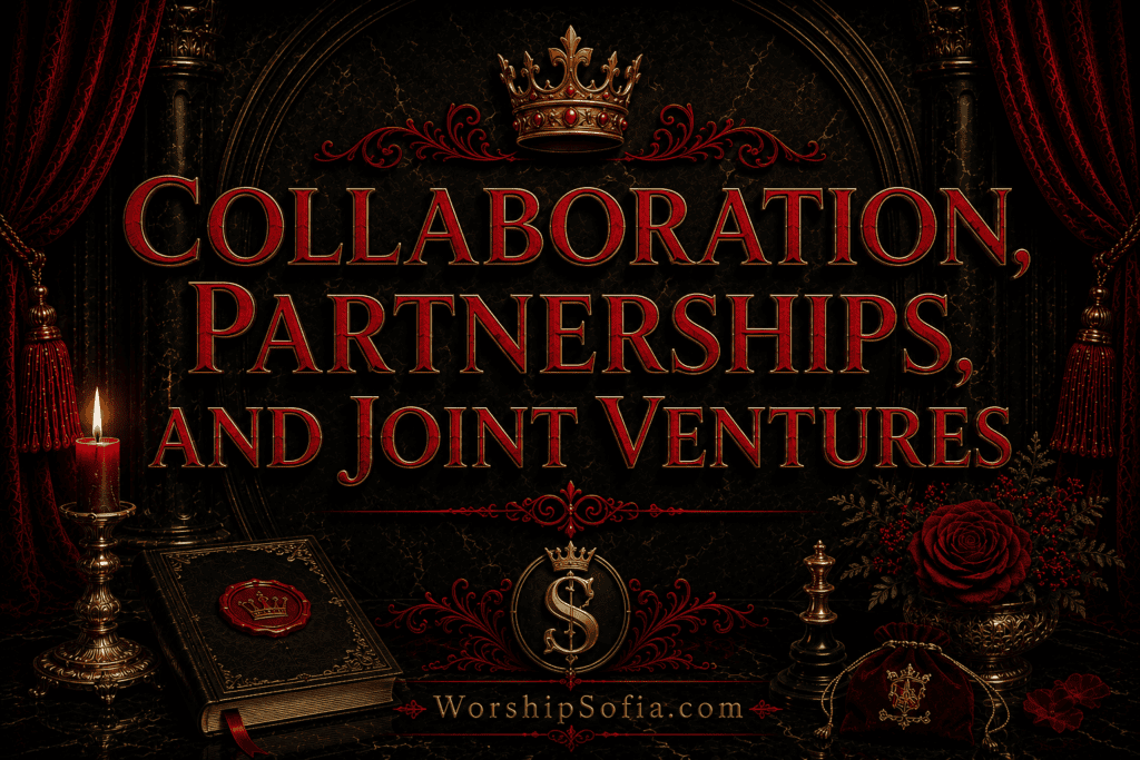 Collaboration, Partnerships, and Joint Ventures page banner featuring an elegant gothic design with black marble, deep crimson velvet drapes, ornate gold accents, candlelight, a wax-sealed ledger, a chess piece, a velvet pouch, and the title "Collaboration, Partnerships, and Joint Ventures." The WorshipSofia.com logo appears at the bottom, conveying strategic alliances, business relationships, and shared opportunities.