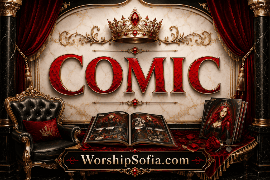 Comic page banner featuring an elegant gothic scene with black marble columns, crimson velvet drapes, ornate gold accents, a luxurious leather chair, an open comic book, stacked graphic novels, and roses. The title "Comic" appears in bold crimson lettering above the display, with WorshipSofia.com centered at the bottom.