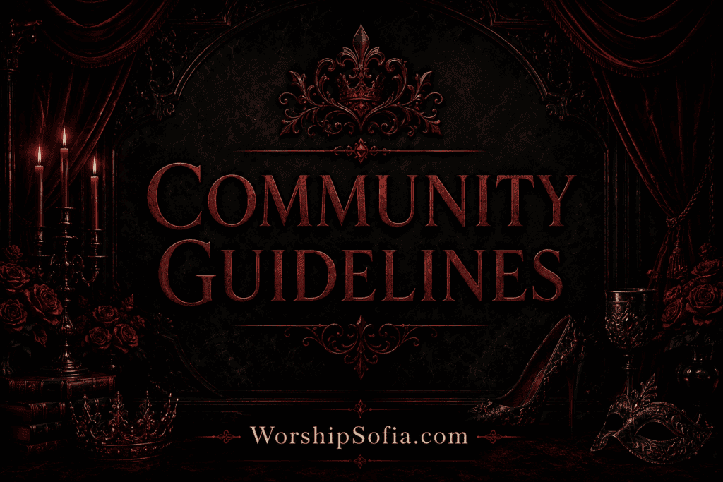 A luxurious gothic-themed banner titled "Community Guidelines" featuring elegant deep red lettering against a black marble background framed by rich crimson velvet drapes. Ornate baroque flourishes, candlelit candelabras, dark roses, antique books, a jeweled crown, an ornate high heel, a decorative goblet, and a masquerade mask create a refined atmosphere of sophistication and authority. "WorshipSofia.com" appears centered at the bottom, reinforcing the site's elegant, exclusive aesthetic.