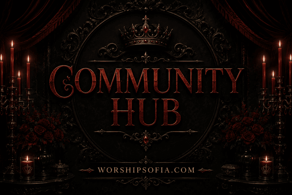 A luxurious gothic-style banner for "Community Hub" featuring bold deep red lettering against an ornate black backdrop with intricate baroque detailing. The scene is framed by crimson velvet drapes, candlelit candelabras, dark roses, decorative scrollwork, and a regal crown motif, creating an atmosphere of exclusivity and refined elegance. "WorshipSofia.com" appears centered at the bottom, reinforcing the image as the gateway to the site's member community and private portal.