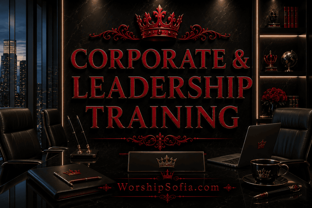Corporate & Leadership Training page banner featuring a sophisticated executive boardroom with black marble, gold accents, a city skyline, modern leather seating, luxury office décor, and the title "Corporate & Leadership Training" in bold crimson lettering. The WorshipSofia.com logo appears at the bottom, conveying executive excellence, strategic leadership, and professional development.