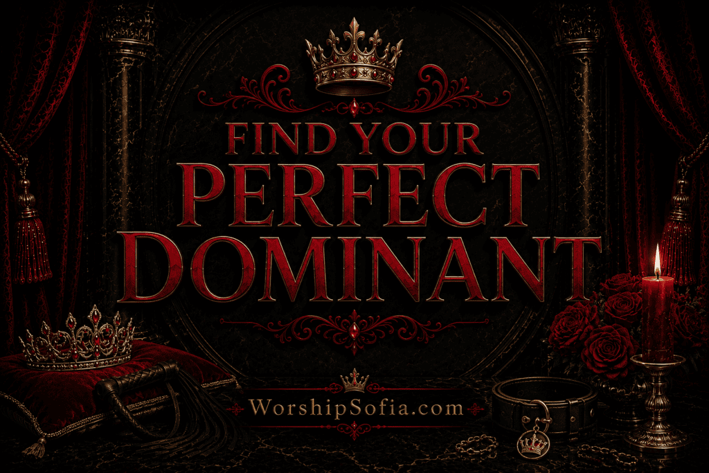 Find Your Perfect Dominant page banner featuring a luxurious gothic setting with black marble, deep crimson velvet drapes, ornate gold accents, candlelight, a jeweled crown resting on a velvet cushion, a leather flogger, a locked collar, and the title "Find Your Perfect Dominant." The WorshipSofia.com logo appears at the bottom, evoking authority, elegance, and the search for an ideal Dominant.