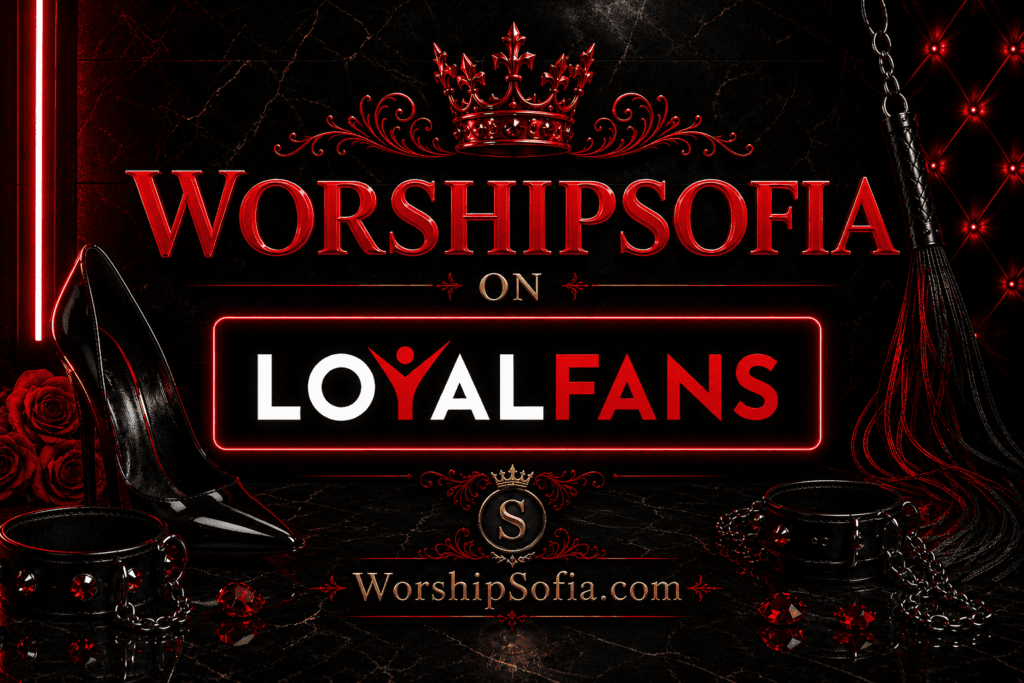 WorshipSofia on LoyalFans page banner featuring a sleek black marble backdrop with deep crimson accents, the LoyalFans logo framed in a glowing red border, elegant black stilettos, a leather flogger, a black collar with chain, red gemstones, roses, ornate crown details, and the title "WorshipSofia on LoyalFans." The WorshipSofia.com logo appears at the bottom, conveying a luxurious FemDom aesthetic.