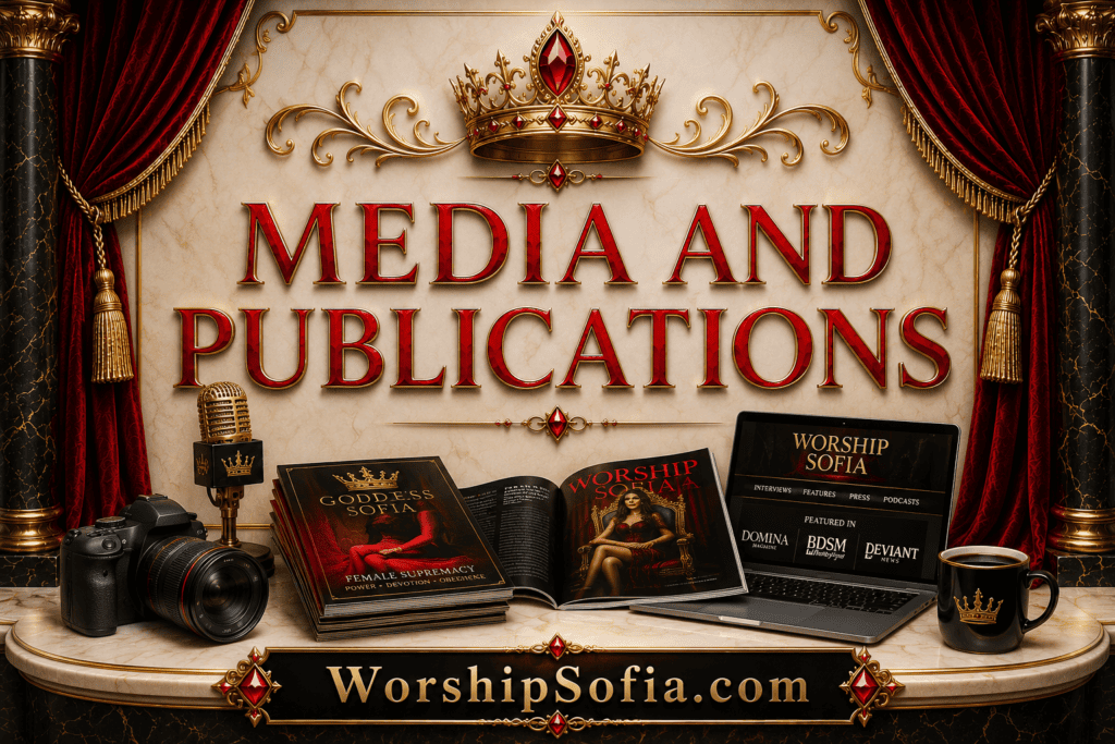 Media and Publications page banner featuring an elegant black, crimson, and gold gothic design with velvet drapes, marble columns, a jeweled crown, a vintage microphone, professional camera, open magazine, laptop displaying media features, and a coffee mug. The title "Media and Publications" appears in bold crimson lettering, with WorshipSofia.com displayed at the bottom.