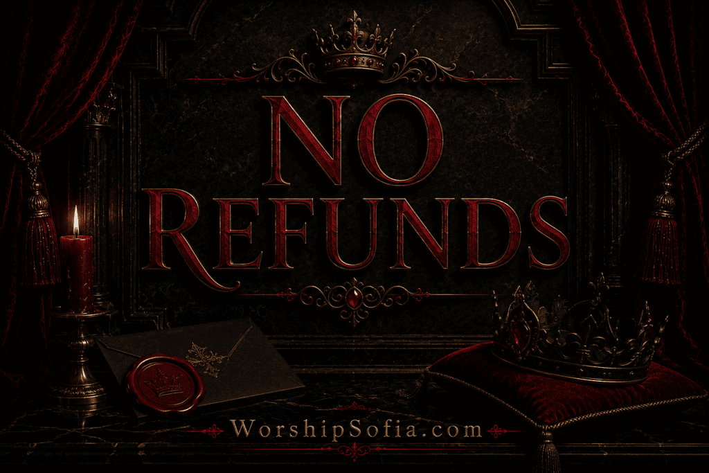 No Refunds page banner featuring a luxurious gothic setting with black marble, deep crimson velvet drapes, candlelight, an ornate wax-sealed envelope, a black jeweled crown resting on a velvet cushion, and the title "No Refunds." The WorshipSofia.com logo appears at the bottom, conveying a refined and authoritative atmosphere.