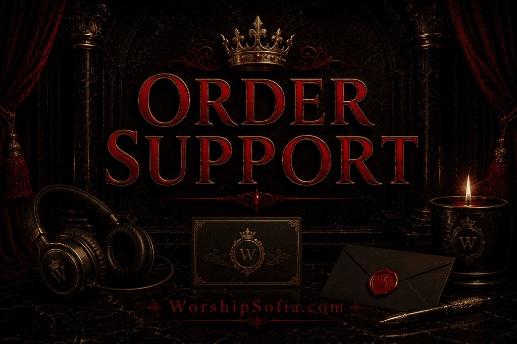 Order Support page banner featuring a luxurious gothic setting with black marble, deep crimson velvet drapes, ornate gold accents, candlelight, a support headset, a sealed envelope, an elegant pen, and the title "Order Support." The WorshipSofia.com logo appears at the bottom, conveying customer assistance and order inquiries in a refined, elegant atmosphere.