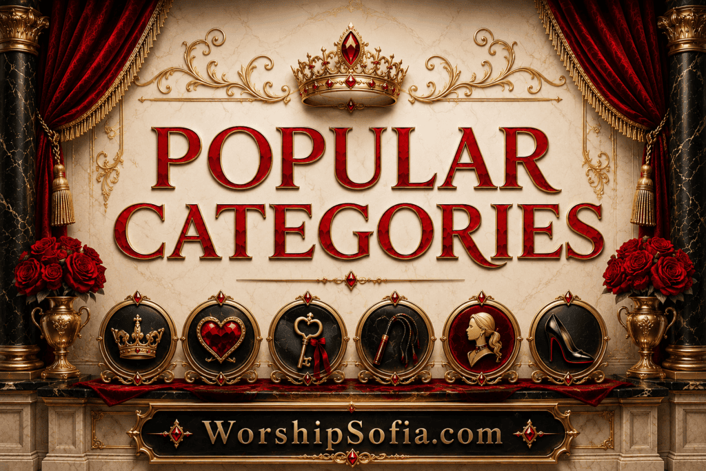 Popular Categories page banner featuring an elegant black, crimson, and gold gothic design with marble columns, velvet drapes, ornate filigree, jeweled accents, and decorative category icons including a crown, heart, key, whip, profile silhouette, and high heel. The title "Popular Categories" appears in bold crimson lettering above the icons, with WorshipSofia.com displayed at the bottom.