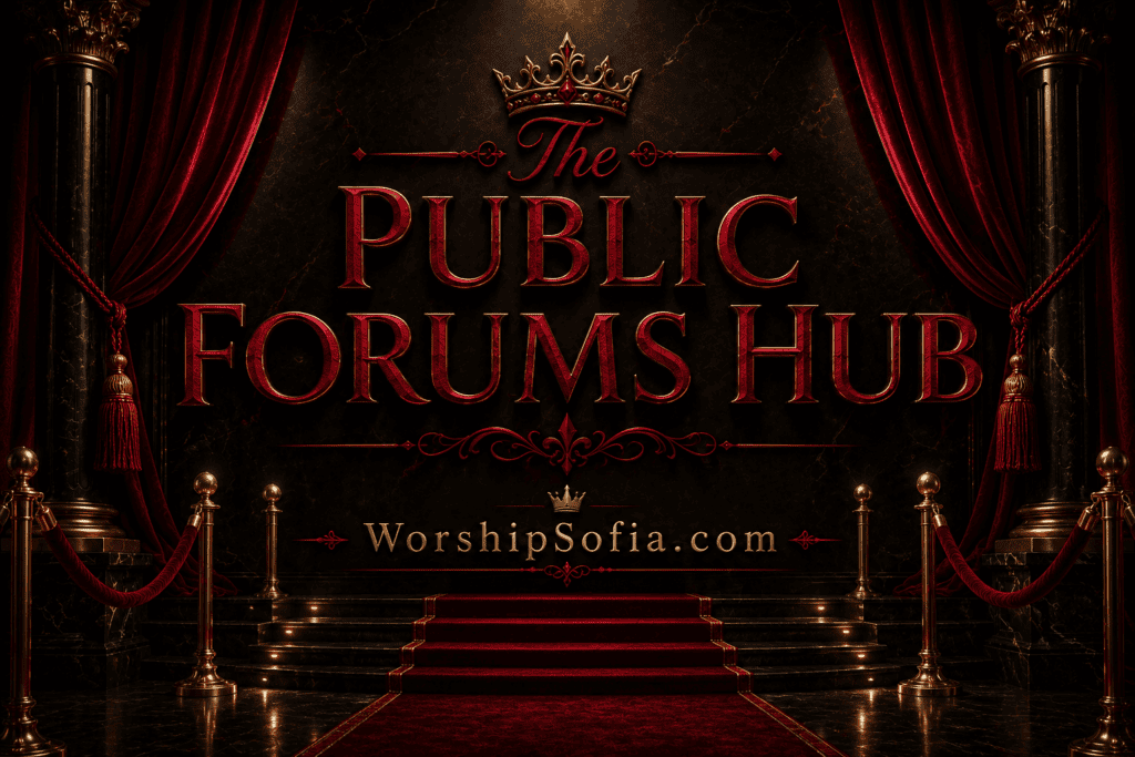 The Public Forums Hub page banner featuring an elegant gothic entrance with black marble columns, deep crimson velvet drapes, gold stanchions, a red carpet leading up marble steps, and the title "The Public Forums Hub." The WorshipSofia.com logo appears at the bottom, creating the atmosphere of a grand gateway into the WorshipSofia community.