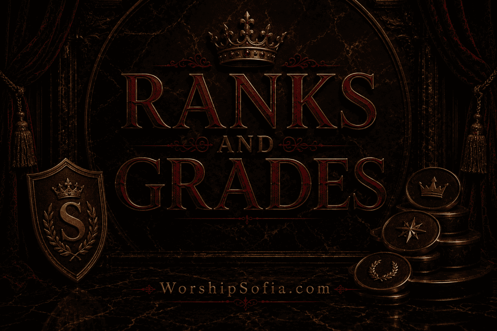 Ranks and Grades page banner featuring a luxurious gothic design with black marble, deep crimson velvet drapes, ornate gold accents, a crowned shield, decorative achievement medallions, and the title "Ranks and Grades." The WorshipSofia.com logo appears at the bottom, symbolizing progress, achievement, status, and recognition through devotion and service.