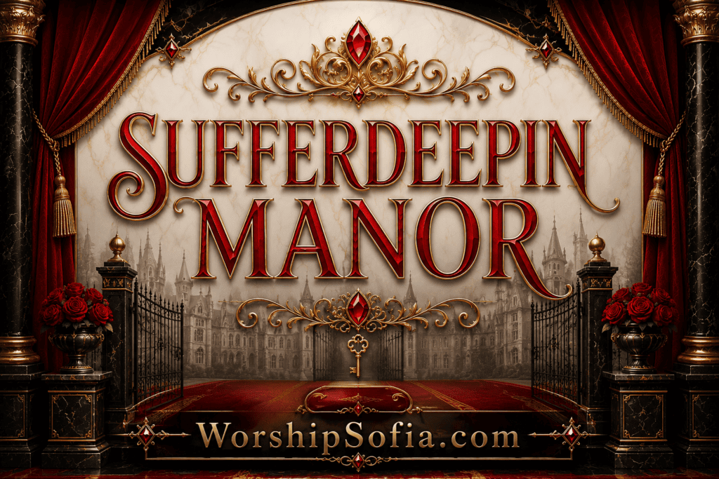 Sufferdeepin Manor page banner featuring an elegant gothic estate entrance with ornate wrought iron gates, a grand manor in the background, black marble columns, crimson velvet drapes, red roses, gold filigree, and jeweled accents. The title "Sufferdeepin Manor" appears in bold crimson lettering above the scene, with WorshipSofia.com displayed at the bottom.
