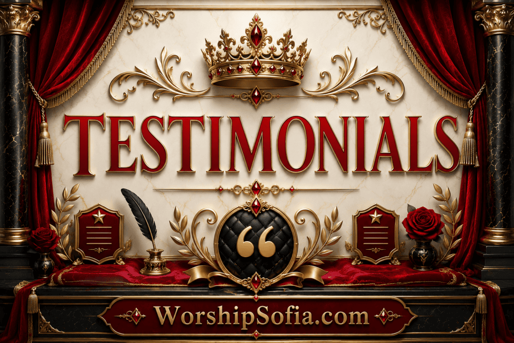 Testimonials page banner featuring an elegant black, crimson, and gold gothic design with velvet drapes, marble columns, ornate crown details, decorative quote emblem, roses, and refined gold accents. The title "Testimonials" appears in bold crimson lettering on a light marble background, with WorshipSofia.com displayed prominently at the bottom.