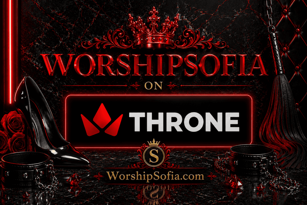 WorshipSofia on Throne page banner featuring a sleek black marble backdrop with deep crimson accents, the Throne logo in crimson, elegant black stilettos, a leather flogger, black leather cuffs with chain, red gemstones, roses, ornate crown details, and the title "WorshipSofia on Throne." The WorshipSofia.com logo appears at the bottom, conveying a luxurious FemDom aesthetic.