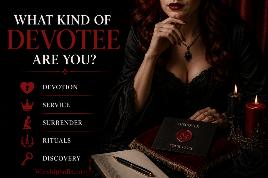WorshipSofia.com graphic for "What Kind of Devotee Are You?" featuring bold white and deep red typography against a black background. The left side highlights the themes Devotion, Service, Surrender, Rituals, and Discovery with matching red icons. The right side shows an elegant red-haired Dominant woman in black attire seated at a candlelit table with a sealed envelope labeled "Discover Your Path," creating a luxurious, mysterious atmosphere that invites viewers to explore their devotion through a personality quiz.