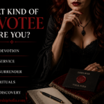 WorshipSofia.com graphic for "What Kind of Devotee Are You?" featuring bold white and deep red typography against a black background. The left side highlights the themes Devotion, Service, Surrender, Rituals, and Discovery with matching red icons. The right side shows an elegant red-haired Dominant woman in black attire seated at a candlelit table with a sealed envelope labeled "Discover Your Path," creating a luxurious, mysterious atmosphere that invites viewers to explore their devotion through a personality quiz.
