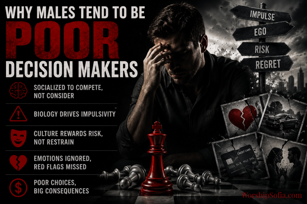 WorshipSofia.com | Illustrated infographic titled "Why Males Tend to Be Poor Decision Makers." The left side features large white and red typography with five key factors listed alongside red icons: Socialized to compete, not consider; Biology Drives Impulsivity; Culture Rewards Risk, not Restrain; Emotions Ignored, Red Flags Missed; and Poor Choices, Big Consequences. The right side shows a distressed man sitting at a chessboard with a lone red king standing among fallen chess pieces. Behind him are signposts labeled Impulse, Ego, Risk, and Regret, along with cracked images representing relationship, financial, and life consequences. The overall design uses a dark, dramatic black, gray, and deep red color palette to symbolize poor judgment and its consequences.