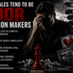 WorshipSofia.com | Illustrated infographic titled "Why Males Tend to Be Poor Decision Makers." The left side features large white and red typography with five key factors listed alongside red icons: Socialized to compete, not consider; Biology Drives Impulsivity; Culture Rewards Risk, not Restrain; Emotions Ignored, Red Flags Missed; and Poor Choices, Big Consequences. The right side shows a distressed man sitting at a chessboard with a lone red king standing among fallen chess pieces. Behind him are signposts labeled Impulse, Ego, Risk, and Regret, along with cracked images representing relationship, financial, and life consequences. The overall design uses a dark, dramatic black, gray, and deep red color palette to symbolize poor judgment and its consequences.