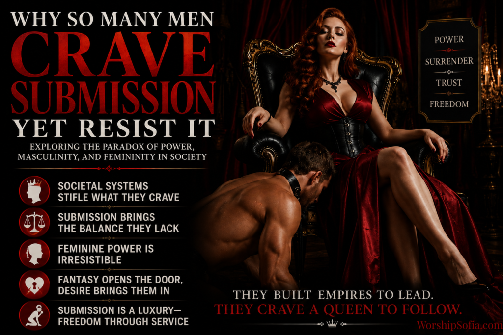 WorshipSofia.com banner titled "Why So Many Men Crave Submission Yet Resist It." The left side features bold white and deep red typography with the subtitle "Exploring the Paradox of Power, Masculinity, and Femininity in Society." Beneath the title are five key themes with red icons: Societal Systems Stifle What They Crave; Submission Brings the Balance They Lack; Feminine Power Is Irresistible; Fantasy Opens the Door, Desire Brings Them In; and Submission Is a Luxury, Freedom Through Service. The right side depicts an elegant red-haired Dominant woman in a deep red gown seated confidently on a black and gold throne while a collared male kneels at her feet with his head lowered. A decorative plaque displays the words Power, Surrender, Trust, and Freedom, while the bottom headline reads: "They Built Empires to Lead. They Crave a Queen to Follow." The image uses a dramatic black, crimson, and gold color palette to evoke luxury, feminine authority, and voluntary submission.