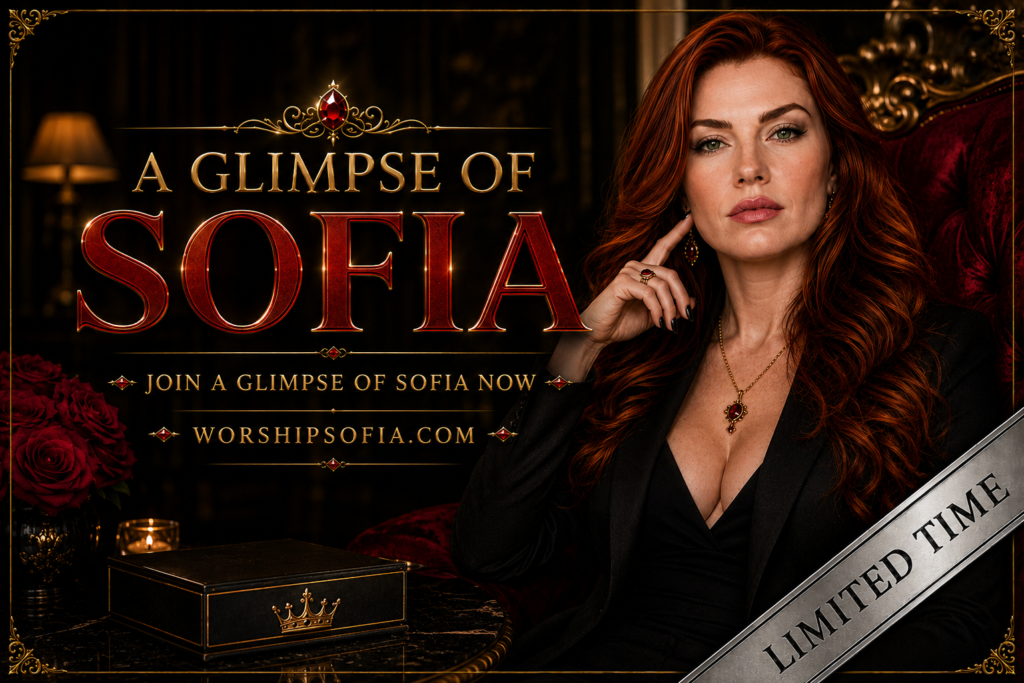 Goddess Sofia seated in an elegant red velvet throne with long red hair, black attire, and regal styling, beside the text “A Glimpse of Sofia,” inviting you to join and explore WorshipSofia.com.