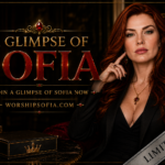 Goddess Sofia seated in an elegant red velvet throne with long red hair, black attire, and regal styling, beside the text “A Glimpse of Sofia,” inviting you to join and explore WorshipSofia.com.