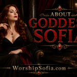 Goddess Sofia seated regally in an ornate black and crimson throne room with red velvet drapes, candlelight, marble columns, gold accents, roses, a crown, and decorative books. The title “About Goddess Sofia” appears prominently, with WorshipSofia.com at the bottom.