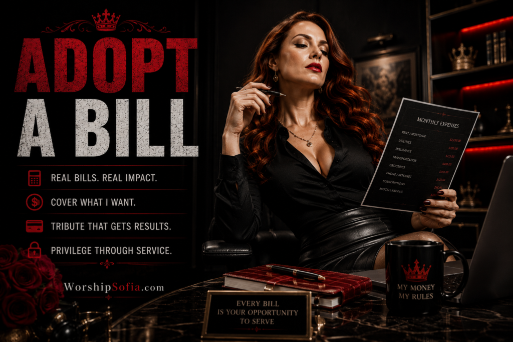 Adopt a Bill page image featuring Goddess Sofia, an elegant auburn-haired woman seated at a sleek black desk, holding a monthly expenses list. The sophisticated black, crimson, and gold setting includes roses, a crown, leather-bound journal, and a mug reading “My Money, My Rules,” with “Adopt a Bill” and WorshipSofia.com prominently displayed.