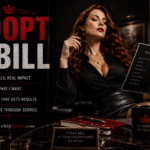 Adopt a Bill page image featuring Goddess Sofia, an elegant auburn-haired woman seated at a sleek black desk, holding a monthly expenses list. The sophisticated black, crimson, and gold setting includes roses, a crown, leather-bound journal, and a mug reading “My Money, My Rules,” with “Adopt a Bill” and WorshipSofia.com prominently displayed.