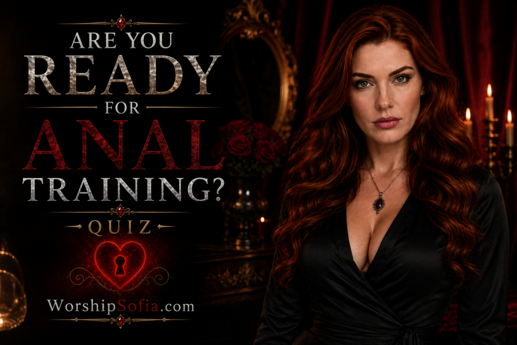Goddess Sofia stands confidently beside the title “Are You Ready for Anal Training? Quiz,” in a dark, luxurious setting with red velvet curtains, candles, roses, ornate gold details, and a glowing heart-shaped keyhole. WorshipSofia.com appears below.