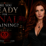 Goddess Sofia stands confidently beside the title “Are You Ready for Anal Training? Quiz,” in a dark, luxurious setting with red velvet curtains, candles, roses, ornate gold details, and a glowing heart-shaped keyhole. WorshipSofia.com appears below.