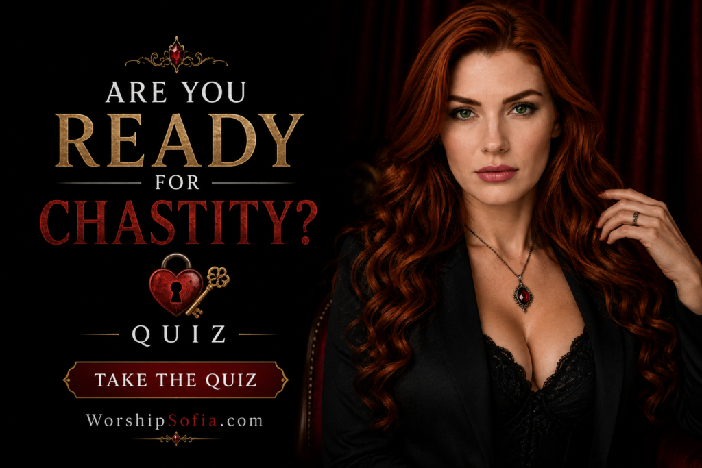 Goddess Sofia stands confidently beside the title βAre You Ready for Chastity?β in a luxurious black and red setting, with a heart-shaped lock and key representing chastity, plus βQuizβ and WorshipSofia.com.