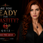 Goddess Sofia stands confidently beside the title “Are You Ready for Chastity?” in a luxurious black and red setting, with a heart-shaped lock and key representing chastity, plus “Quiz” and WorshipSofia.com.