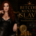Goddess Sofia sits confidently on an ornate black and gold throne beside a Bitcoin mining rig, gold Bitcoin coins, and candlelight, with the words “Bitcoin Mining Slave” and “WorshipSofia.com.”