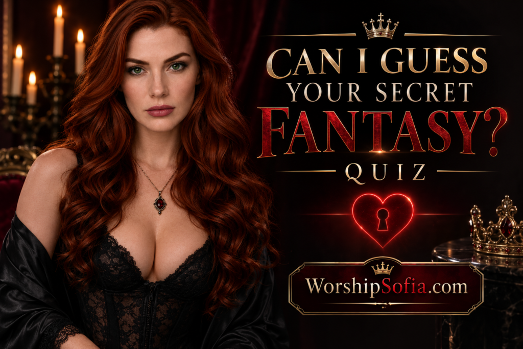 Goddess Sofia with long red hair stands in a candlelit, luxurious setting beside the title “Can I Guess Your Secret Fantasy? Quiz,” featuring a glowing heart-shaped keyhole and WorshipSofia.com.