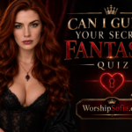Goddess Sofia with long red hair stands in a candlelit, luxurious setting beside the title “Can I Guess Your Secret Fantasy? Quiz,” featuring a glowing heart-shaped keyhole and WorshipSofia.com.