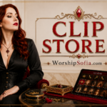 Clip Stores page banner featuring a regal auburn-haired woman in a black outfit seated in an ornate red velvet chair beside a tablet displaying a collection of clips, with crimson roses, gold accents, and baroque detailing. The title "Clip Stores" appears in bold red lettering, with WorshipSofia.com displayed below.