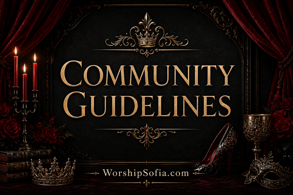 A luxurious gothic-themed banner titled "Community Guidelines" featuring elegant deep red lettering against a black marble background framed by rich crimson velvet drapes. Ornate baroque flourishes, candlelit candelabras, dark roses, antique books, a jeweled crown, an ornate high heel, a decorative goblet, and a masquerade mask create a refined atmosphere of sophistication and authority. "WorshipSofia.com" appears centered at the bottom, reinforcing the site's elegant, exclusive aesthetic.