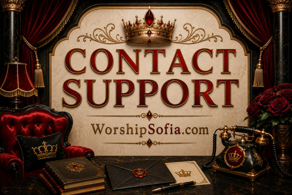 Goddess Sofia Locktight’s Contact Support page features an ornate royal design with red velvet curtains, a jeweled crown, black marble, gold detailing, a vintage telephone, sealed correspondence, roses, and luxurious baroque décor, with “Contact Support” and “WorshipSofia.com” prominently displayed.